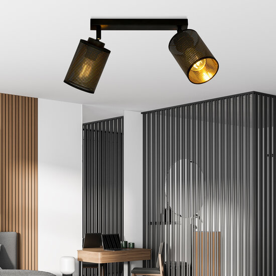 Fredericia double directional black ceiling lamp with black and gold tube