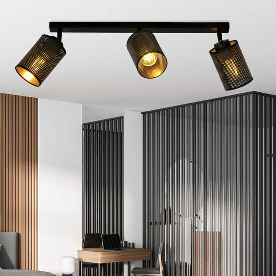 Fredericia triple long black ceiling lamp with black and gold tubes
