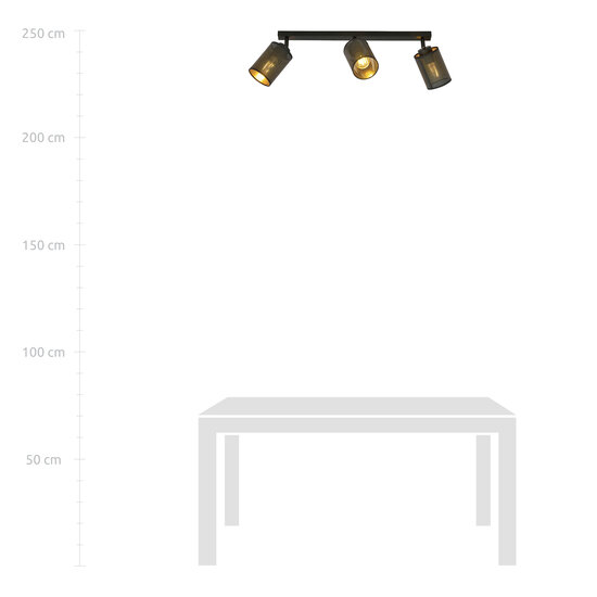 Fredericia triple long black ceiling lamp with black and gold tubes