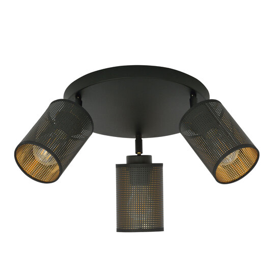 Fredericia round triple orientable black ceiling lamp with black and gold tubes