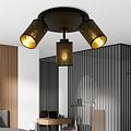 Fredericia round triple orientable black ceiling lamp with black and gold tubes