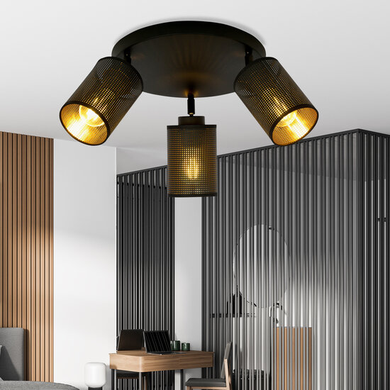 Fredericia round triple orientable black ceiling lamp with black and gold tubes
