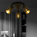 Fredericia round triple orientable black ceiling lamp with black and gold tubes