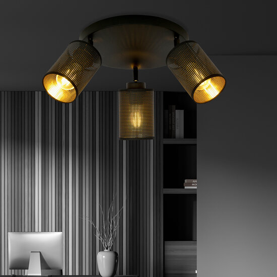 Fredericia round triple orientable black ceiling lamp with black and gold tubes