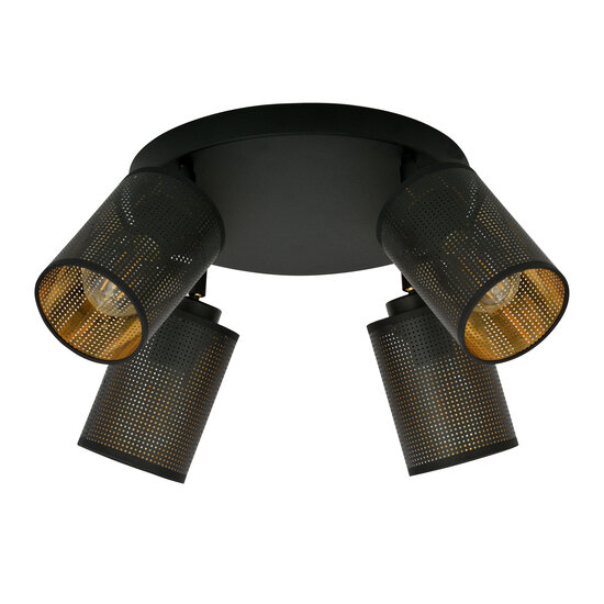 Fredericia 4 directional round black ceiling lamp with black and gold tubes