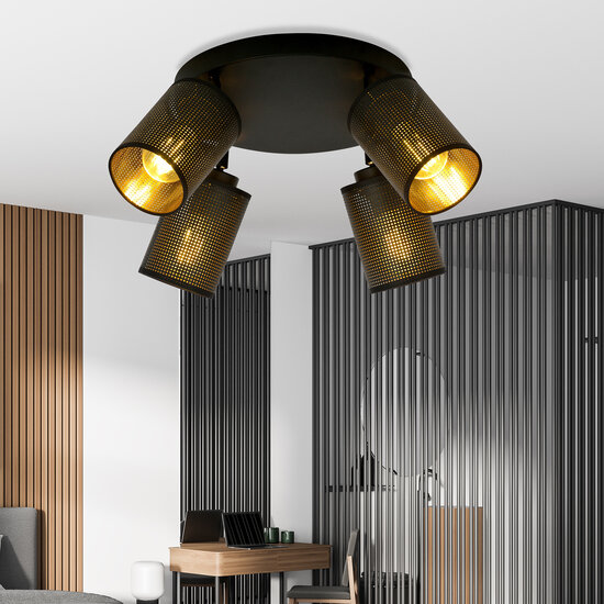 Fredericia 4 directional round black ceiling lamp with black and gold tubes