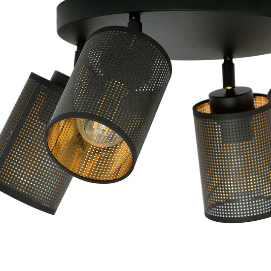 Fredericia 4 directional round black ceiling lamp with black and gold tubes