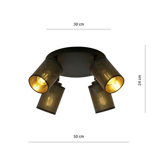Fredericia 4 directional round black ceiling lamp with black and gold tubes