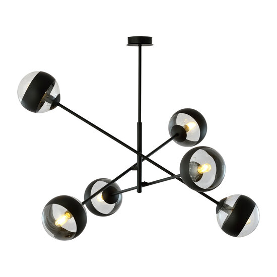 Vordingborg grande suspension noire avec 6 ampoules rayées en verre E14