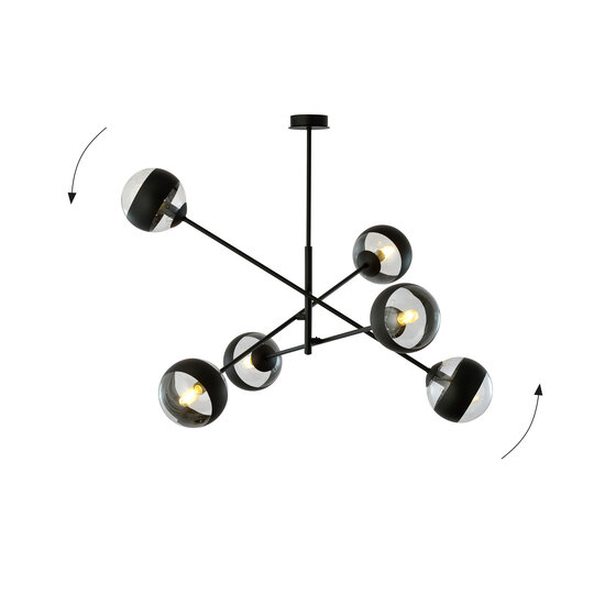 Vordingborg grande suspension noire avec 6 ampoules rayées en verre E14