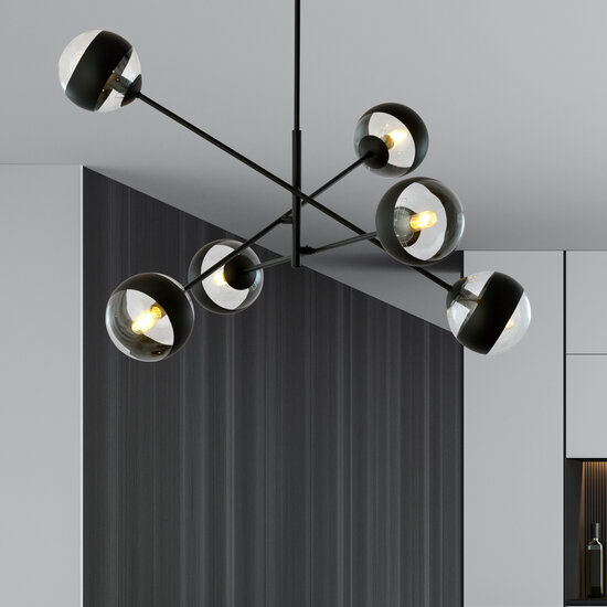 Vordingborg grande suspension noire avec 6 ampoules rayées en verre E14