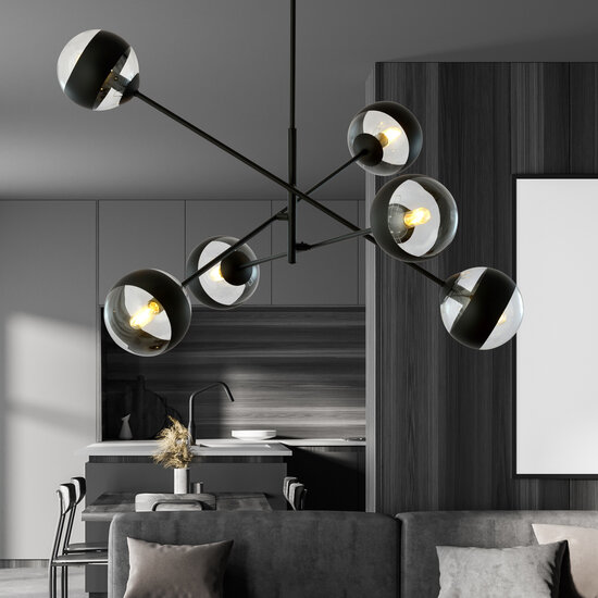 Vordingborg grande suspension noire avec 6 ampoules rayées en verre E14