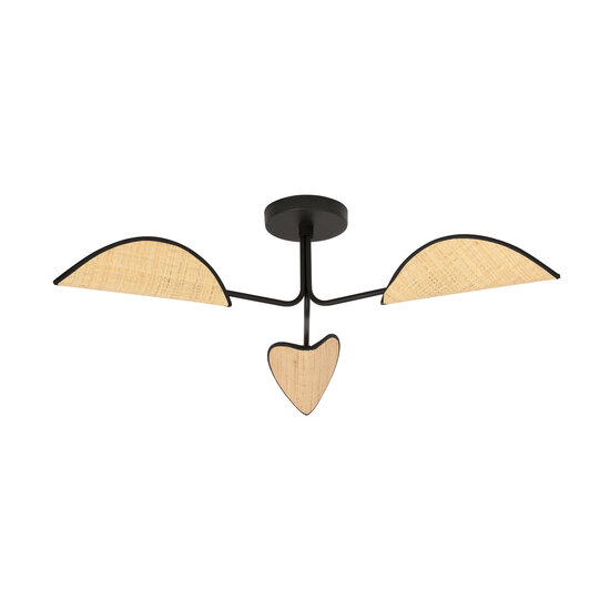Thisted Llamativa lámpara de techo 3x E14 negra con hojas textiles color madera clara