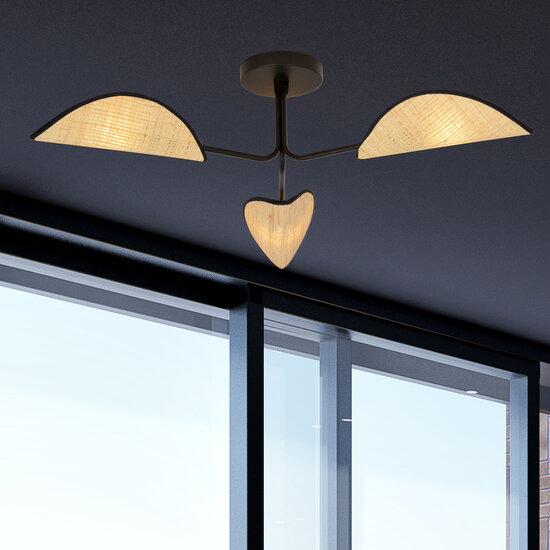 Emibig Emibig Thisted llamativa lámpara de techo 3x E14 negra con hojas de textil color madera clara - Ideal para crear un ambiente acogedor