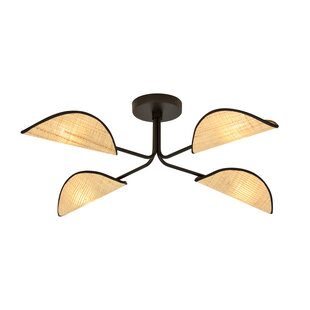 Thisted beautiful ceiling lamp black with light wood color textile leaves 4x E14