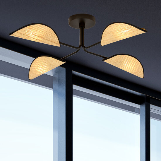 Emibig Emibig Thisted beautiful ceiling lamp black with light wood color textile leaves 4x E14 - Ideal for creating a cozy atmosphere