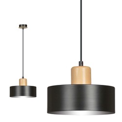 Lampe à suspension ronde noire Lolland couleur bois naturel E27