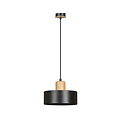 Lolland black round hanging lamp with natural wood color E27