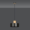 Lolland black round hanging lamp with natural wood color E27