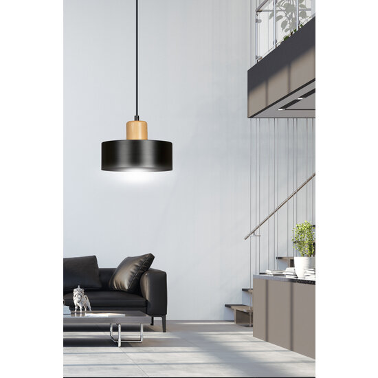 Lámpara colgante redonda negra Lolland color madera natural E27