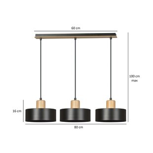 Emibig Lolland lámpara colgante negra larga con acabado en madera natural 3x E27