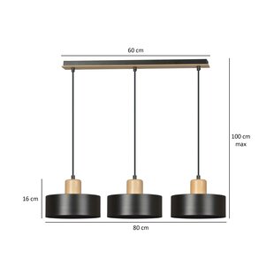 Lolland long black hanging lamp with natural wood finish 3x E27