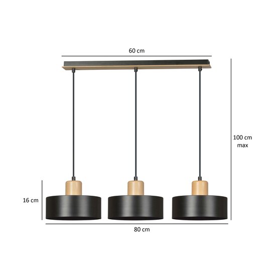 Emibig Emibig Lolland lámpara colgante negra larga con acabado en madera natural 3x E27 - Iluminación ideal para tu sala de estar