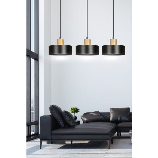 Suspension longue Lolland noire finition bois naturel 3x E27