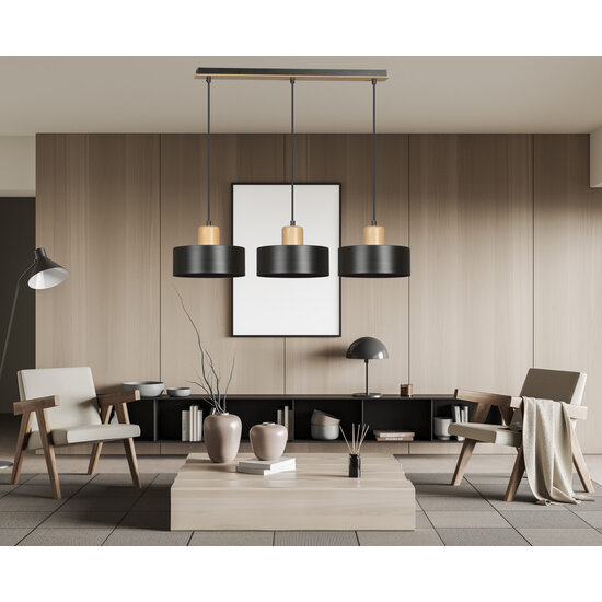 Lámpara colgante larga Lolland negra acabado madera natural 3x E27