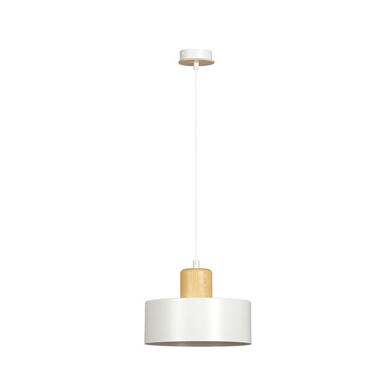 Lolland witte ronde hanglamp met hout natuurkleur E27