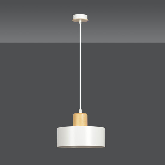 Lolland white round hanging lamp with natural wood color E27