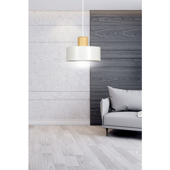Lolland white round hanging lamp with natural wood color E27