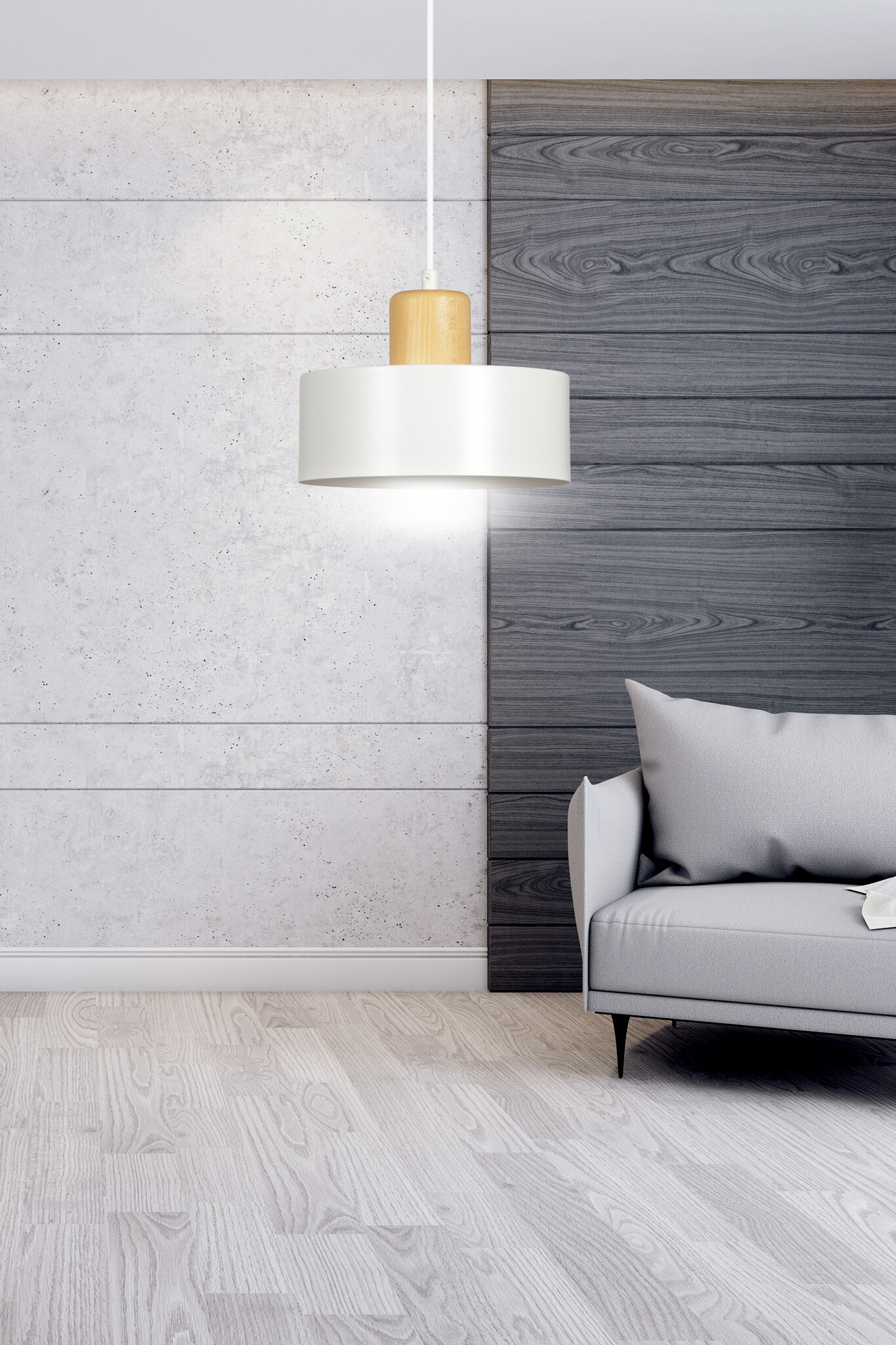 Lolland white round hanging lamp with natural wood color E27