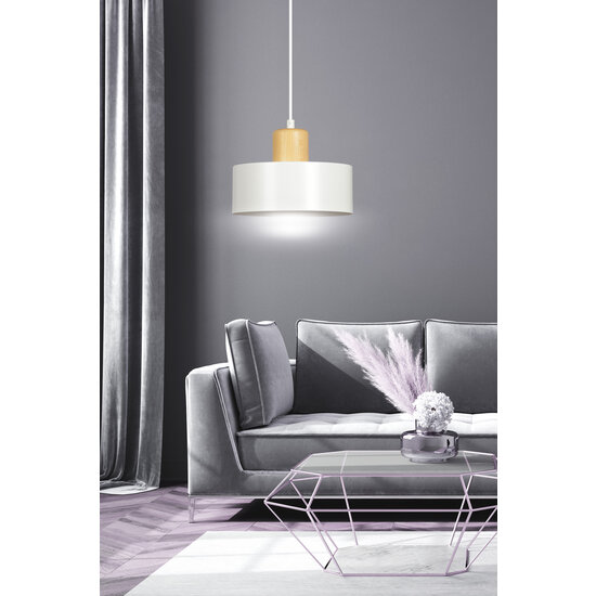 Lolland white round hanging lamp with natural wood color E27