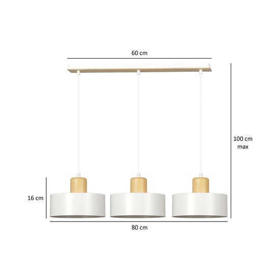 Lolland lange witte hanglamp met hout natuur 3x E27