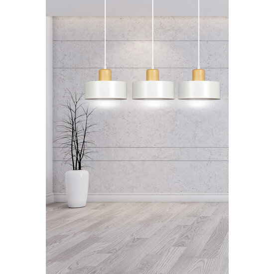 Lolland long white hanging lamp with natural wood 3x E27