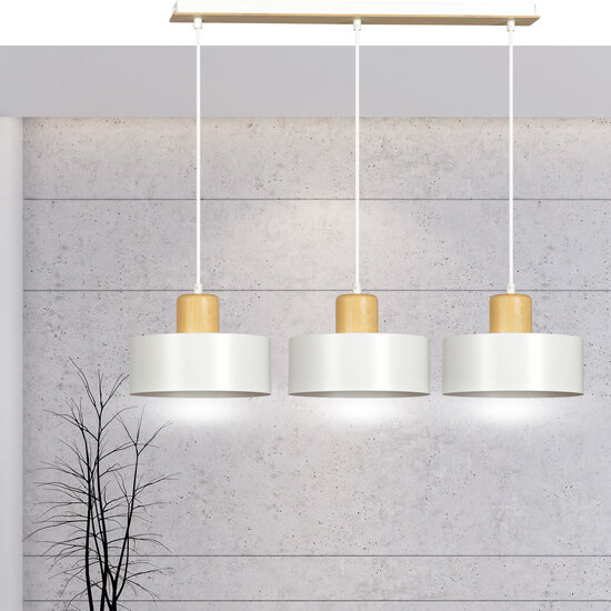 Lolland long white hanging lamp with natural wood 3x E27