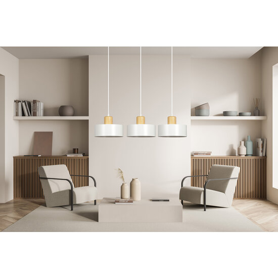 Emibig Emibig Lolland lange weiße Hängelampe mit Naturholz 3x E27 - Ideal für moderne Innenräume