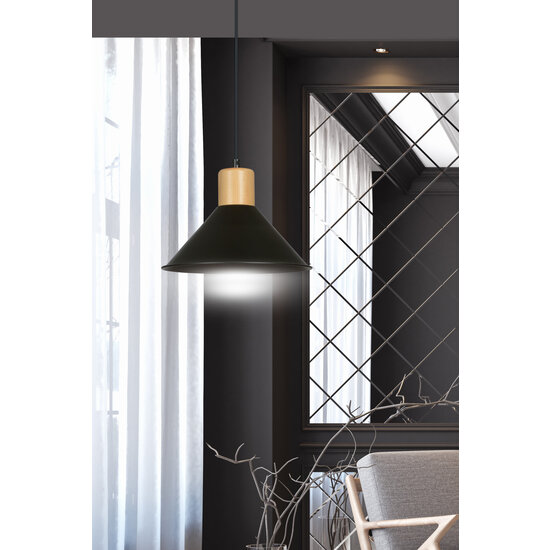 Lampe à suspension conique Vejen noire avec bois E27