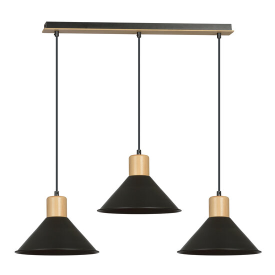Emibig Emibig Vejen lange Hängelampe schwarz mit Holz 3x E27 konischen Schirmen - Ideal für stilvolle und funktionale Beleuchtung
