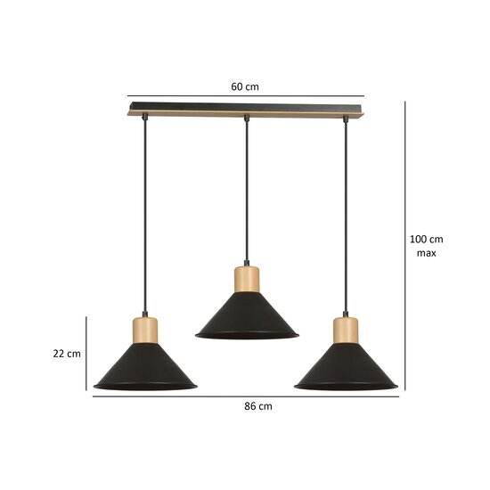 Emibig Emibig Vejen long hanging lamp black with wood 3x E27 conical shades - Ideal for stylish and functional lighting