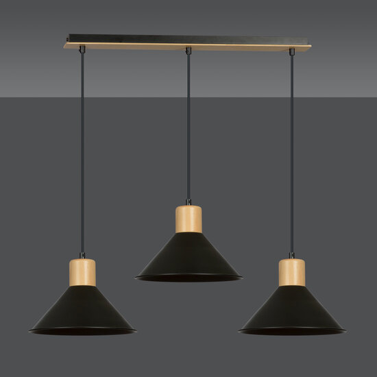 Vejen long hanging lamp black with wood 3x E27 conical shades