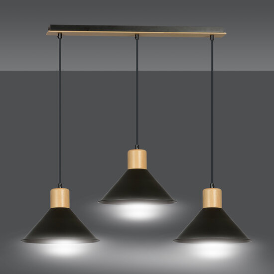 Emibig Emibig Vejen lange hanglamp zwart met hout 3x E27 konische kappen - Perfect voor sfeervolle verlichting in elke ruimte