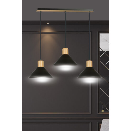 Vejen long hanging lamp black with wood 3x E27 conical shades