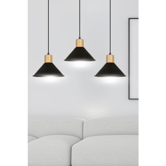 Vejen lange hanglamp zwart met hout 3x E27 konische kappen