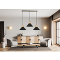 Suspension longue Vejen noire avec bois 3x abat-jour coniques E27