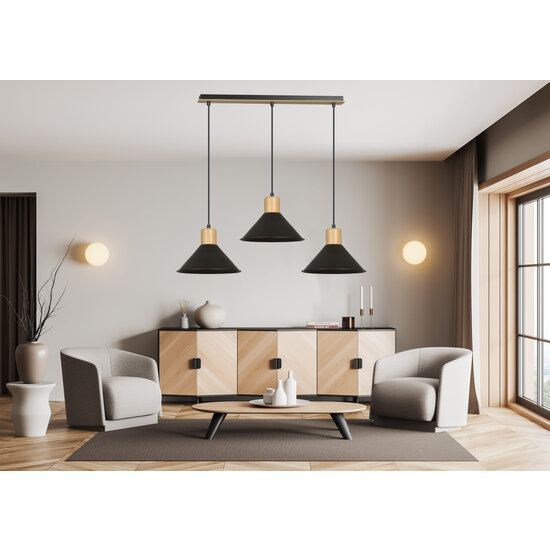 Emibig Emibig Vejen long hanging lamp black with wood 3x E27 conical shades - Ideal for stylish and functional lighting