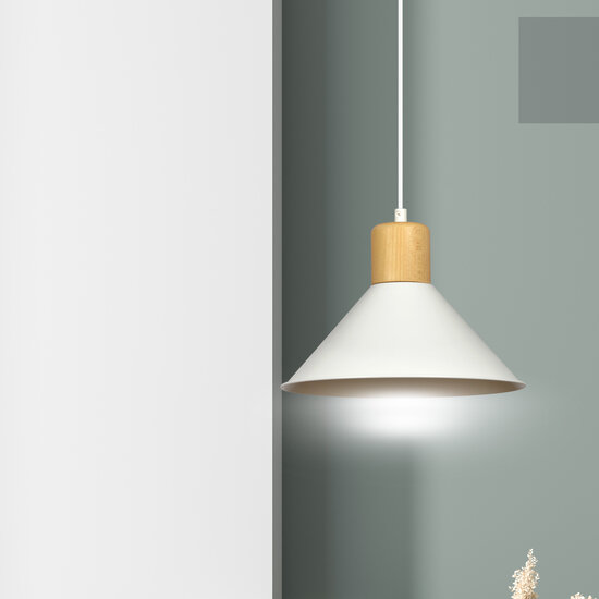 Lampe à suspension scandinave conique Vejen blanche avec bois E27