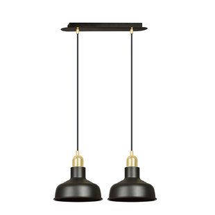 Lámpara colgante doble ancha Egedal negra con pequeñas pantallas abovedadas doradas 2x E27