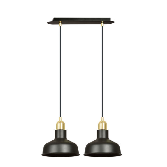 Suspension double large Egedal noire avec petits abat-jour bombés dorés 2x E27